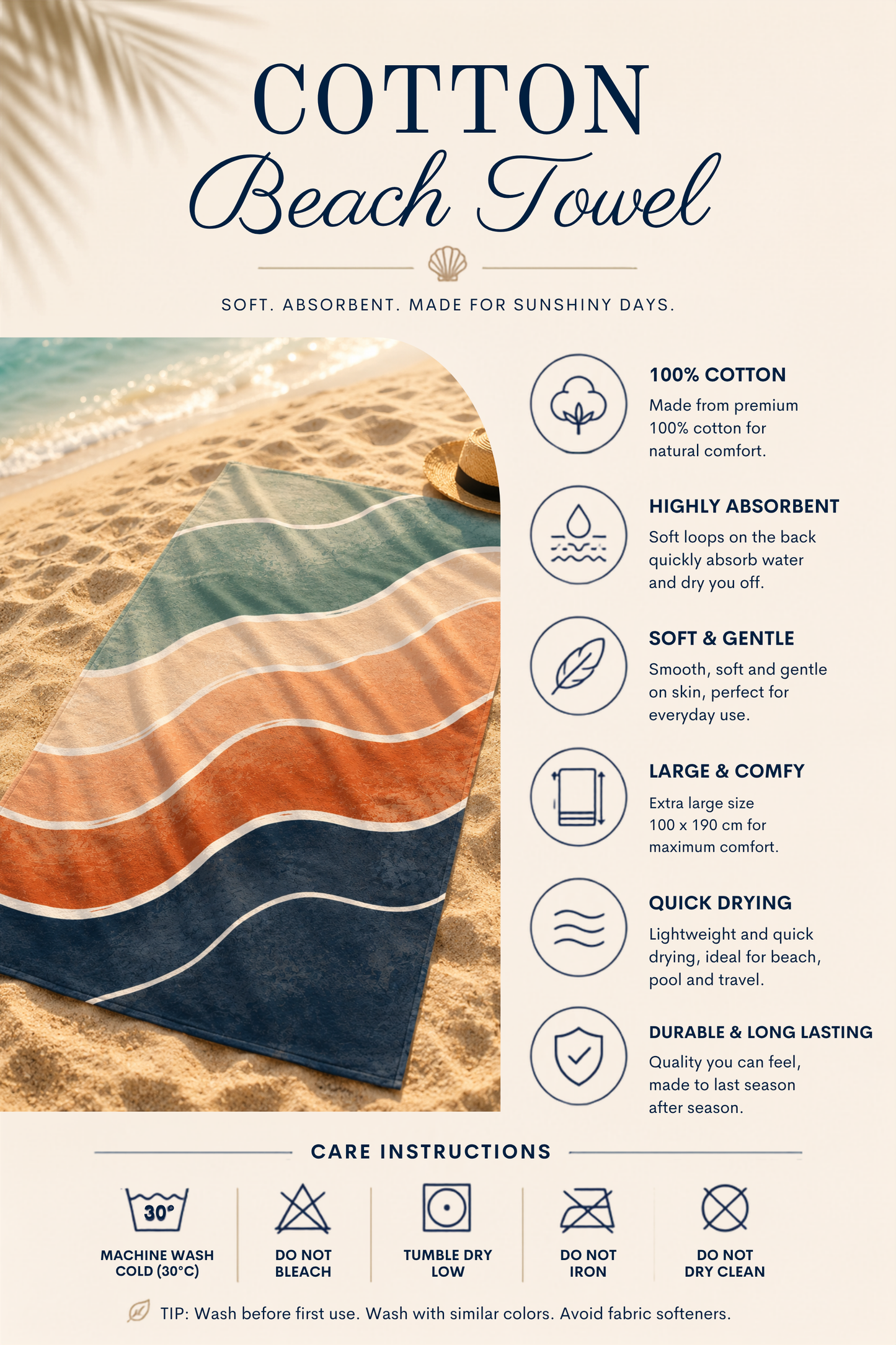 Agha Home Coastal Escape Cotton Beach Towel – 100x190 cm