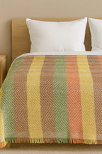 Decorative Striped Bed Throw Blanket, Chevron Pattern, Multi-Color with Stripes, Fringed Edge