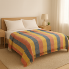 Decorative Striped Bed Throw Blanket, Chevron Pattern, Multi-Color with Stripes, Fringed Edge