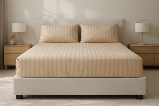 Beige striped bedspread on a bed in a bedroom setting with two lamps and nightstands.