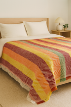 Decorative Striped Bed Throw Blanket, Chevron Pattern, Multi-Color with Stripes, Fringed Edge
