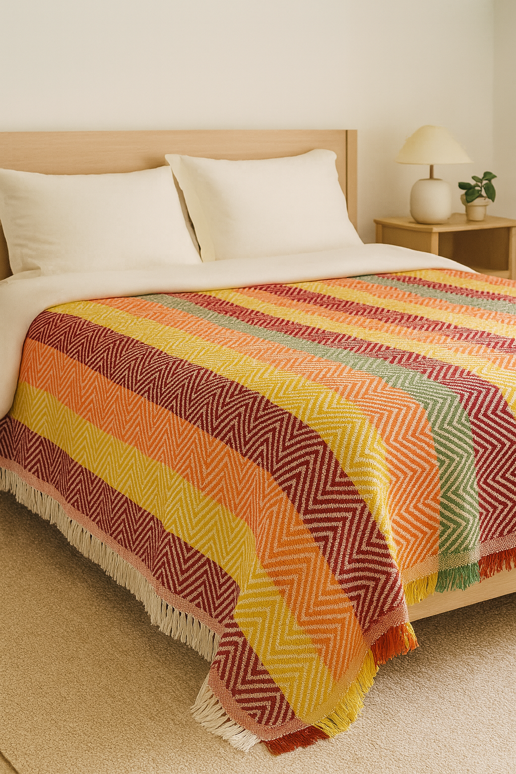 Decorative Striped Bed Throw Blanket, Chevron Pattern, Multi-Color with Stripes, Fringed Edge