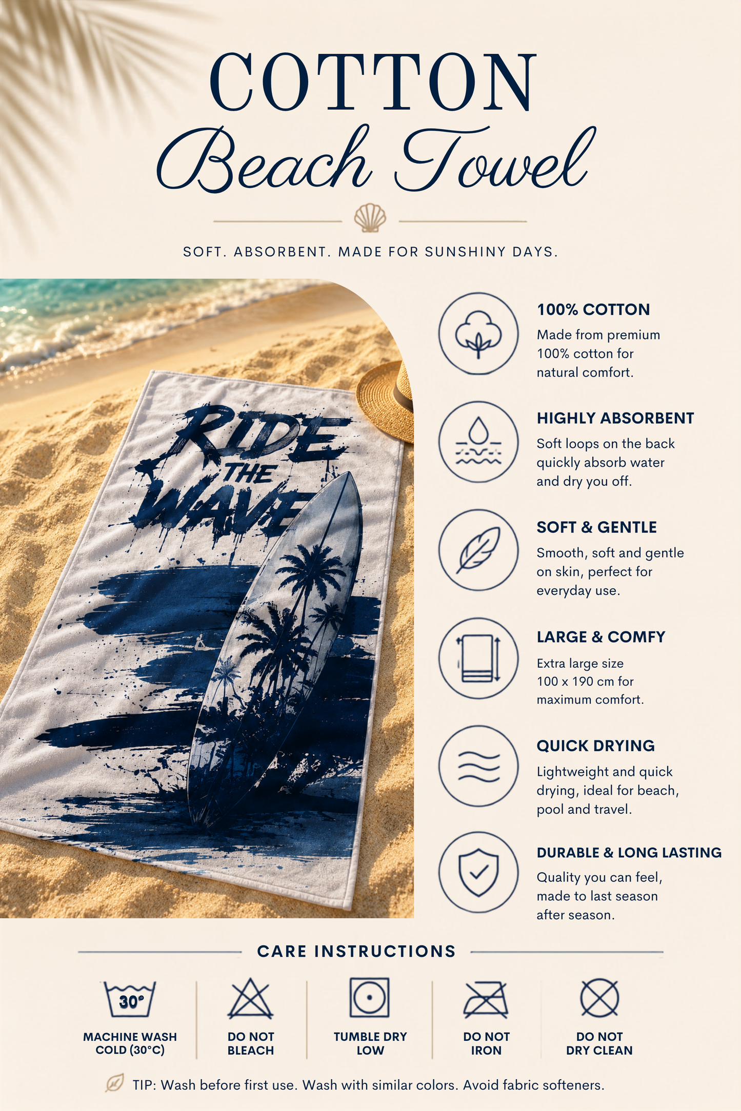 Agha Home Beach Vibes Cotton Beach Towel – 100x190 cm