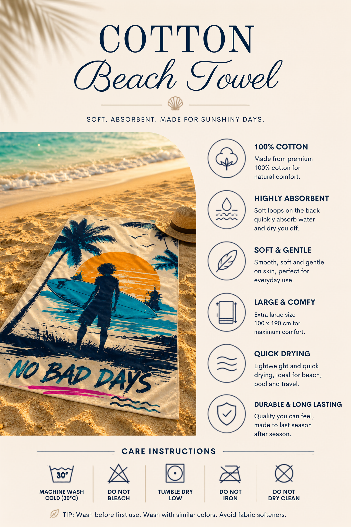 Agha Home Beach Vibes Cotton Beach Towel – 100x190 cm