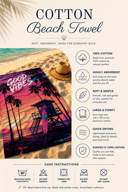 Agha Home Beach Vibes Cotton Beach Towel – 100x190 cm