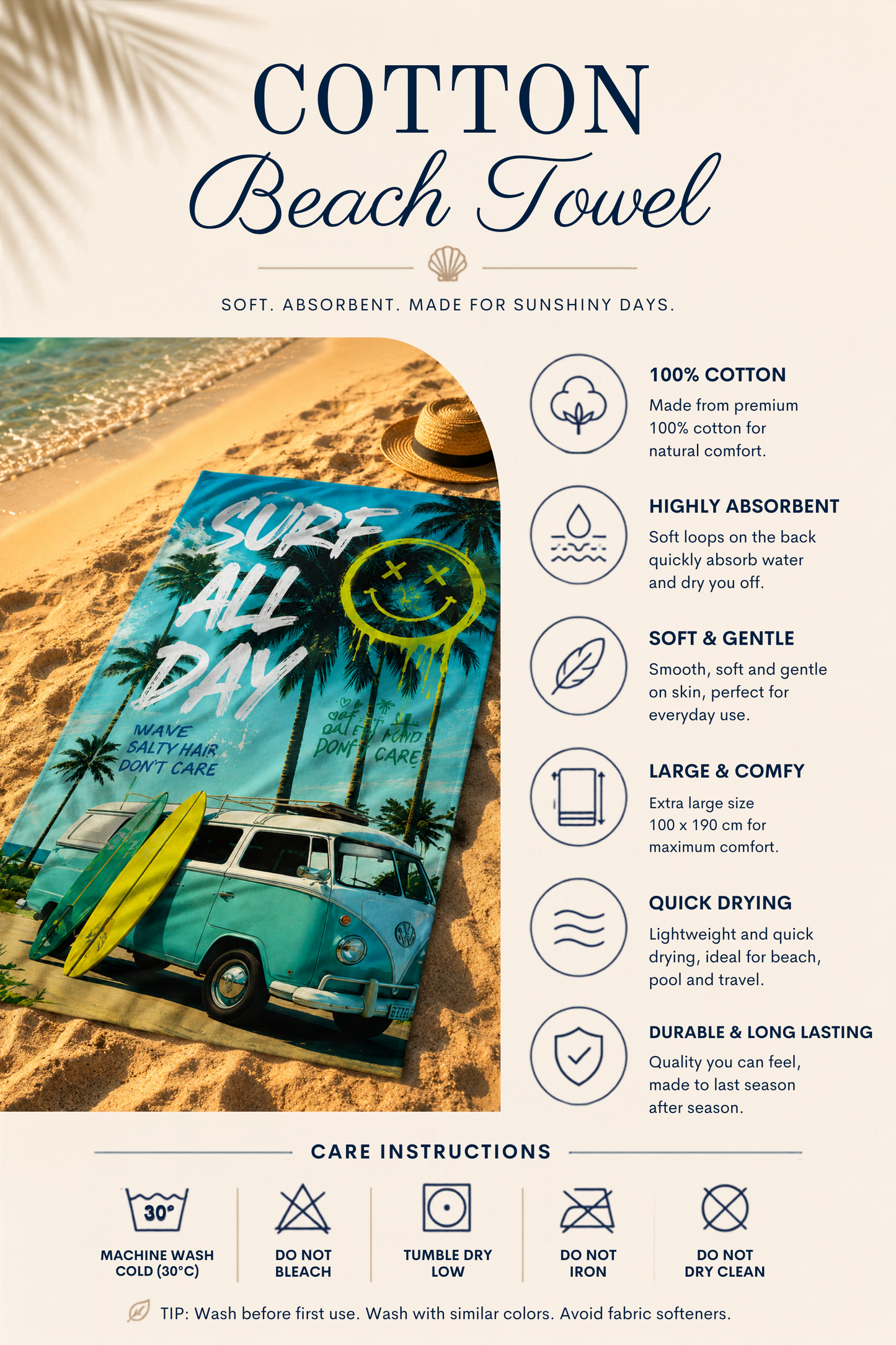 Agha Home Beach Vibes Cotton Beach Towel – 100x190 cm
