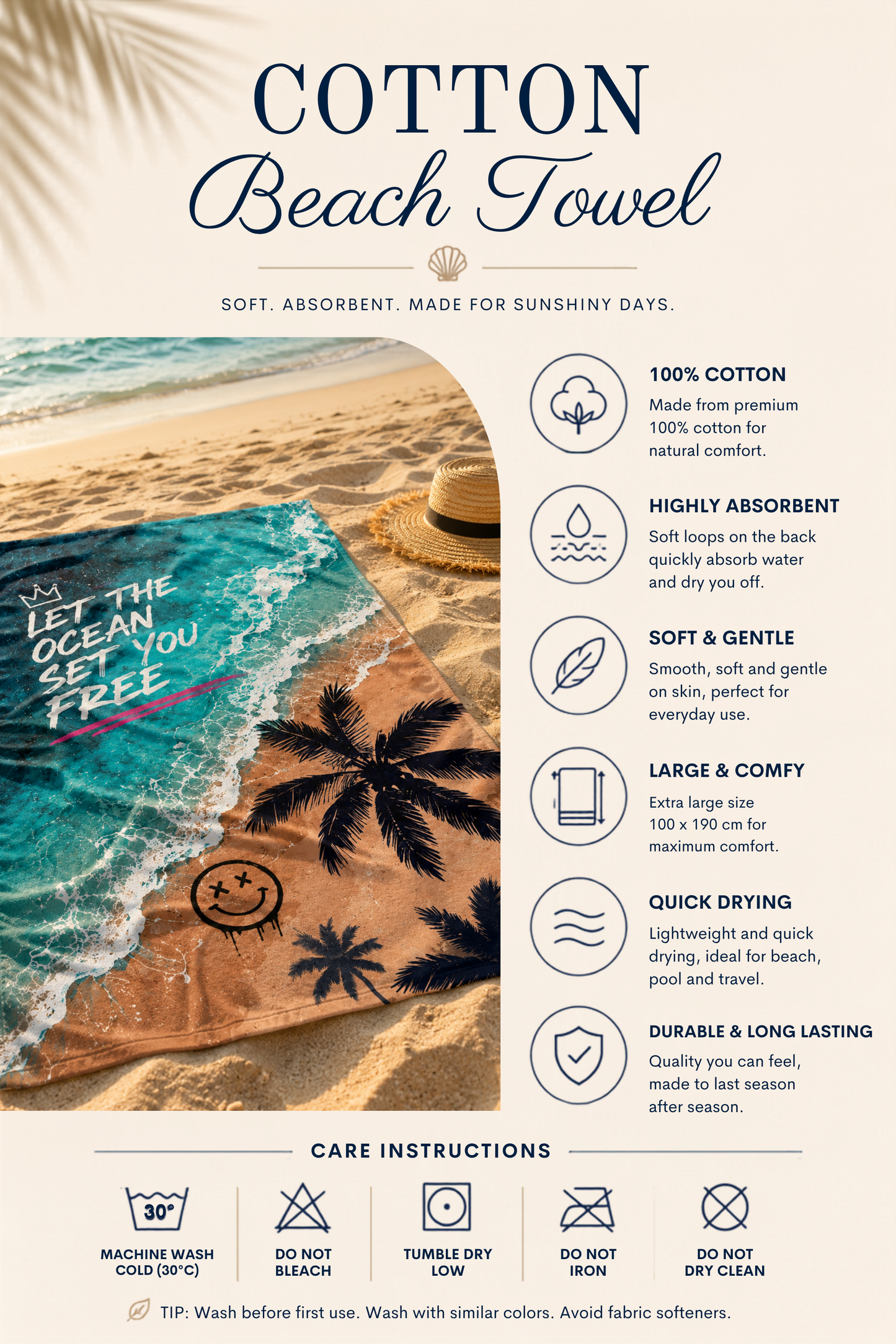 Agha Home Beach Vibes Cotton Beach Towel – 100x190 cm