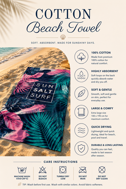 Agha Home Beach Vibes Cotton Beach Towel – 100x190 cm