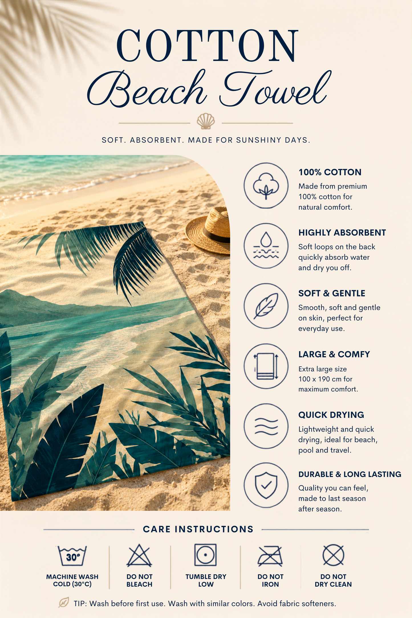 Agha Home Coastal Escape Cotton Beach Towel – 100x190 cm