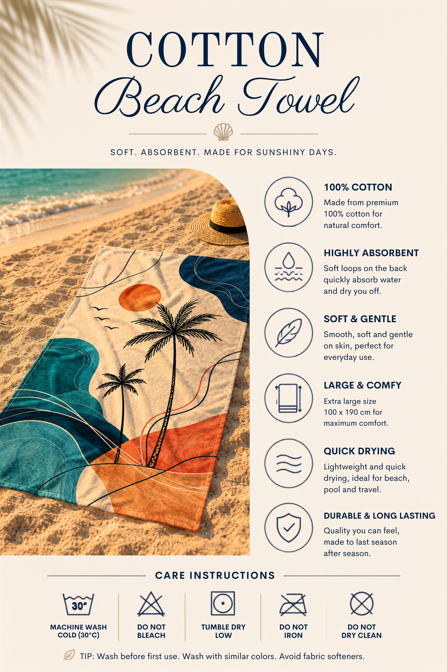 Agha Home Coastal Escape Cotton Beach Towel – 100x190 cm