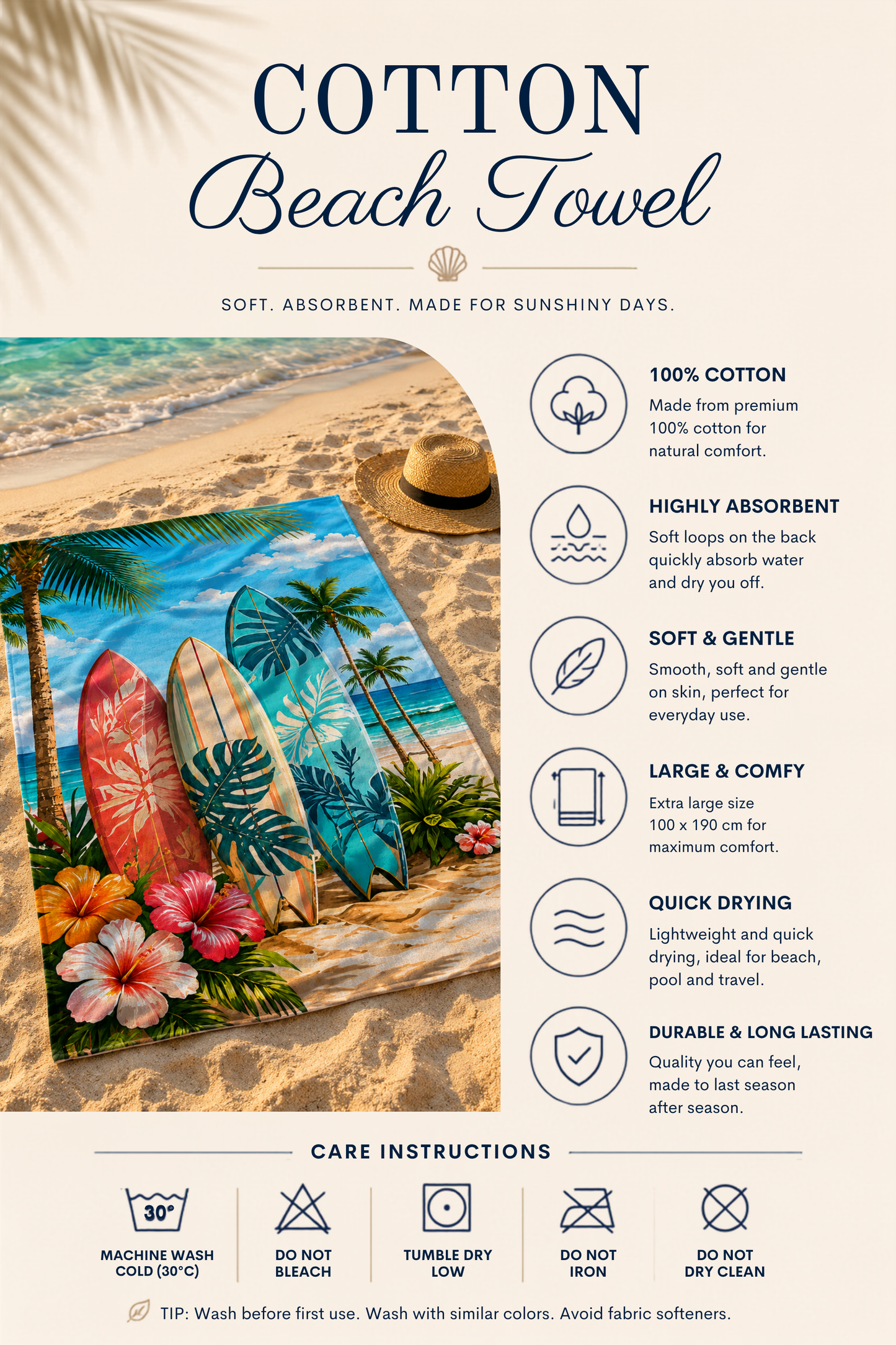 Agha Home Coastal Escape Cotton Beach Towel – 100x190 cm