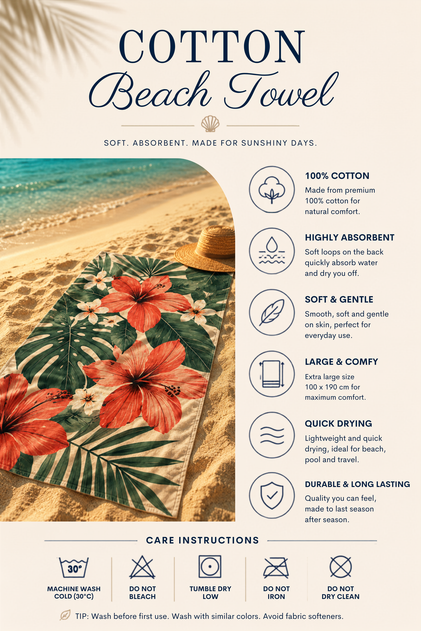 Agha Home Coastal Escape Cotton Beach Towel – 100x190 cm