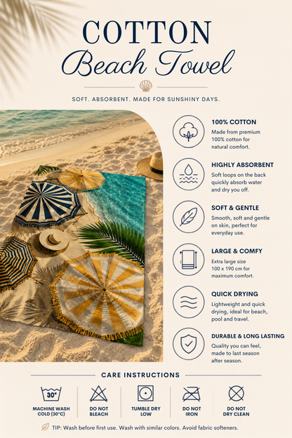 Agha Home Coastal Escape Cotton Beach Towel – 100x190 cm