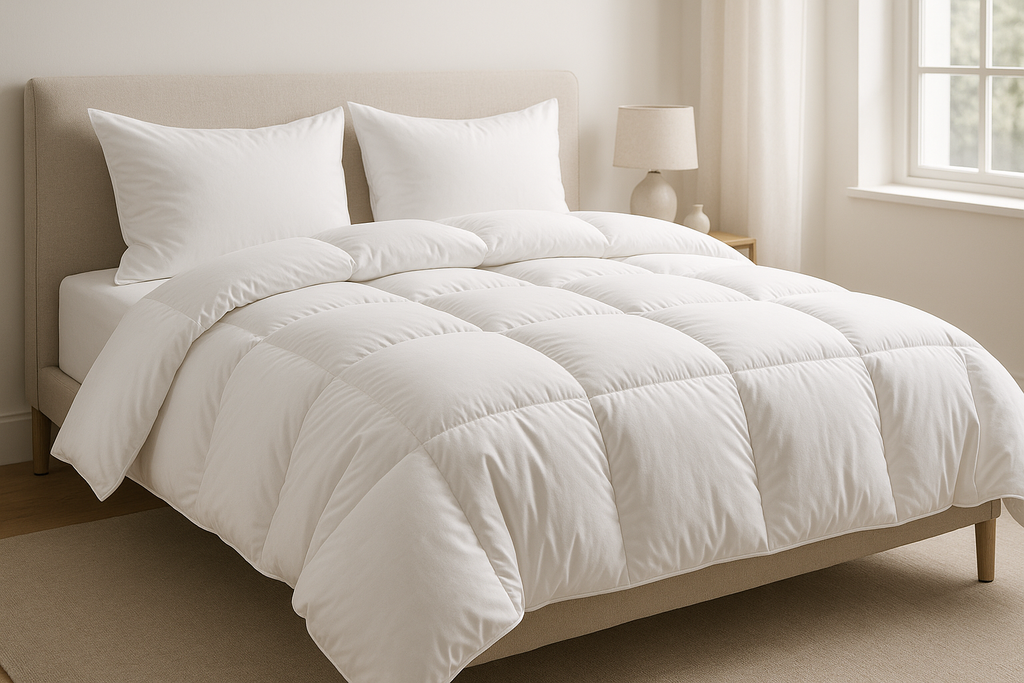 Create a high-resolution, photorealistic product image of a premium white duvet insert displayed on a neatly made bed in a bright, minimal, modern bedroom. The duvet should look plush, soft, and fluffy with visible quilting details and smooth cotton fabric texture. The bed should be styled simply with neutral tones and minimal decor to highlight the duvet as the main focus. Use soft natural daylight, subtle shadows, and a clean, elegant setting suitable for an e-commerce product listing on Shopify